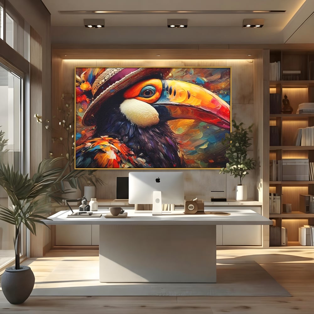 Tablou canvas cu tablou cu portret de tucan cu palarie, in rama de aluminiu auriu, pe perete intr-un birou